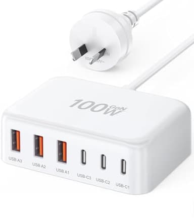 USB C Fast Charger, 100W Portable Charging Station Hub Block, 6 Port GaN Wall Charger Power Strip Adapter Plug Cube Brick for iPad iPhone 17 16 15 14 13 Pro Max Samsung Galaxy, Google Pixel, Motorola