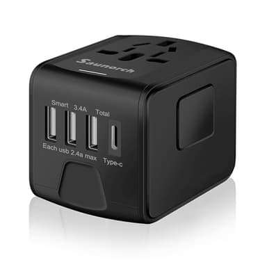 SAUNORCH Universal International Travel Power Adapter W/High Speed 2.4A USB-A, 3.0A Type-C Wall Charger, European Adapter, Worldwide AC Outlet Plugs Adapters for Europe, UK, US, AU, Asia-Black