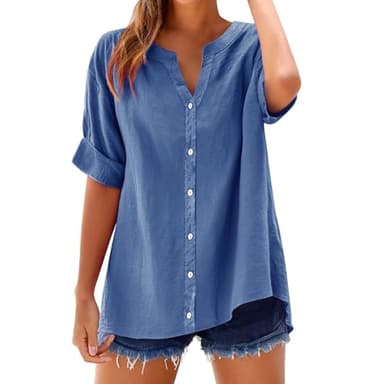 Nantdog Womens Linen Button Down Shirts Gauze Cotton Shirt Short Sleeve Oversized Boyfriend Solid Tunic Tops Casual Dressy, Blue, 5X-Large