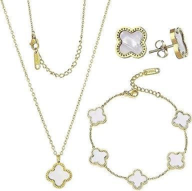Genseion 18k Gold Plated Lucky Clover Sets Bracelets Earring Necklace Pendant for Women Fashion Cute Simple Jewelry Womens Girls Gift, Titanium steel, No Gemstone white