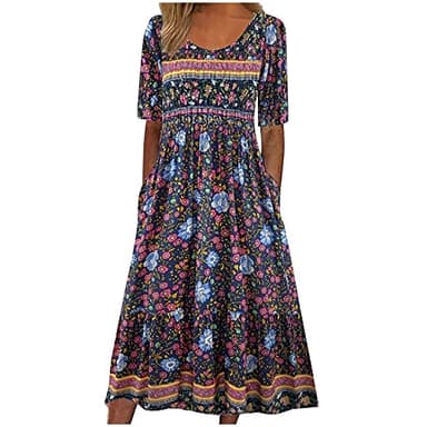 Tshirt Dress for Women 2024 Casual Plus Size Summer Midi Dress Boho Floral Print Loose Flowy Long Dresses with Pockets, 01 Purple, Small