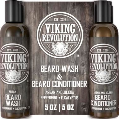 Best Deal Beard Wash & Beard Conditioner Set w/Argan & Jojoba Oils - Softens & Strengthens - Natural Peppermint and Eucalyptus Scent - Beard Shampoo w/Beard Oil 5oz by Viking Revolution