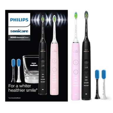 Philips Sonicare DiamondClean 9000 Black + Pink Rechargeable Electric Toothbrush Bundle Pack, 4 Modes and 3 Intensities, Built-in Pressure Sensor, 1x Glass Charger HX9914/59