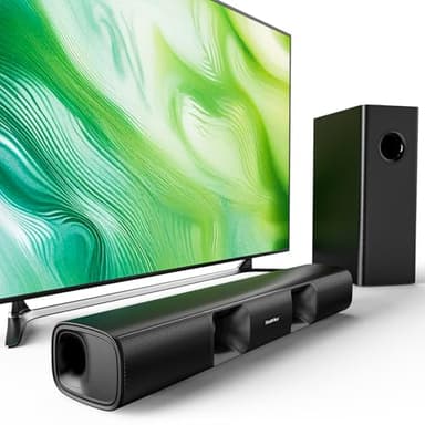 Saiyin Soundbar, 90W Compact Sound Bar with Subwoofer, 2.1Channel Home Theater Surround Sound System with Crisp Vocals and Deep Bass for TV, PC, Projector